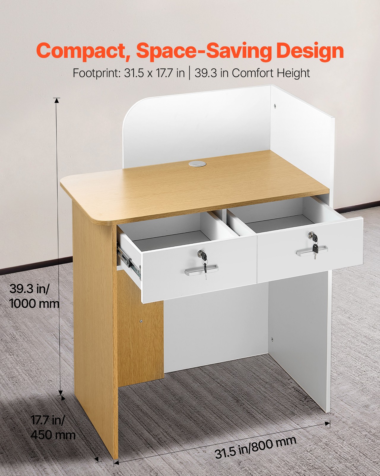 VEVOR Reception Desk 31.5 inch Rectangular Front Counter Table with LED & Drawer