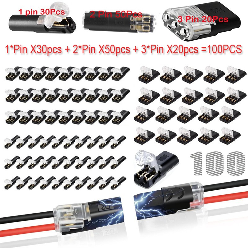 100Pcs 1/2/3 Pin Electrical Wire Connectors Kit Quick Splice Wire Connectors