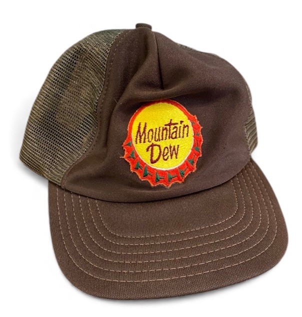 Vintage Mountain Dew Bottle Cap Logo Made In USA Trucker Hat Brown Rare SnapBack