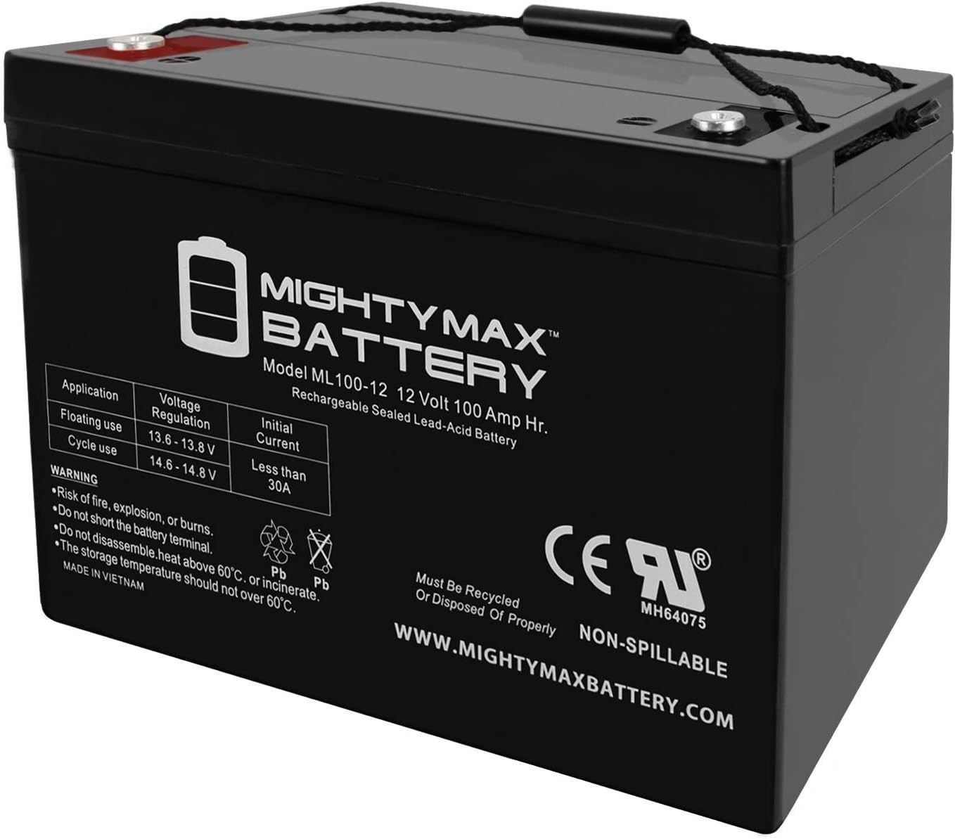 Mighty Max ML100-12 - 12 Volt 100 AH Internal Thread (INT) Terminal Rechargeable