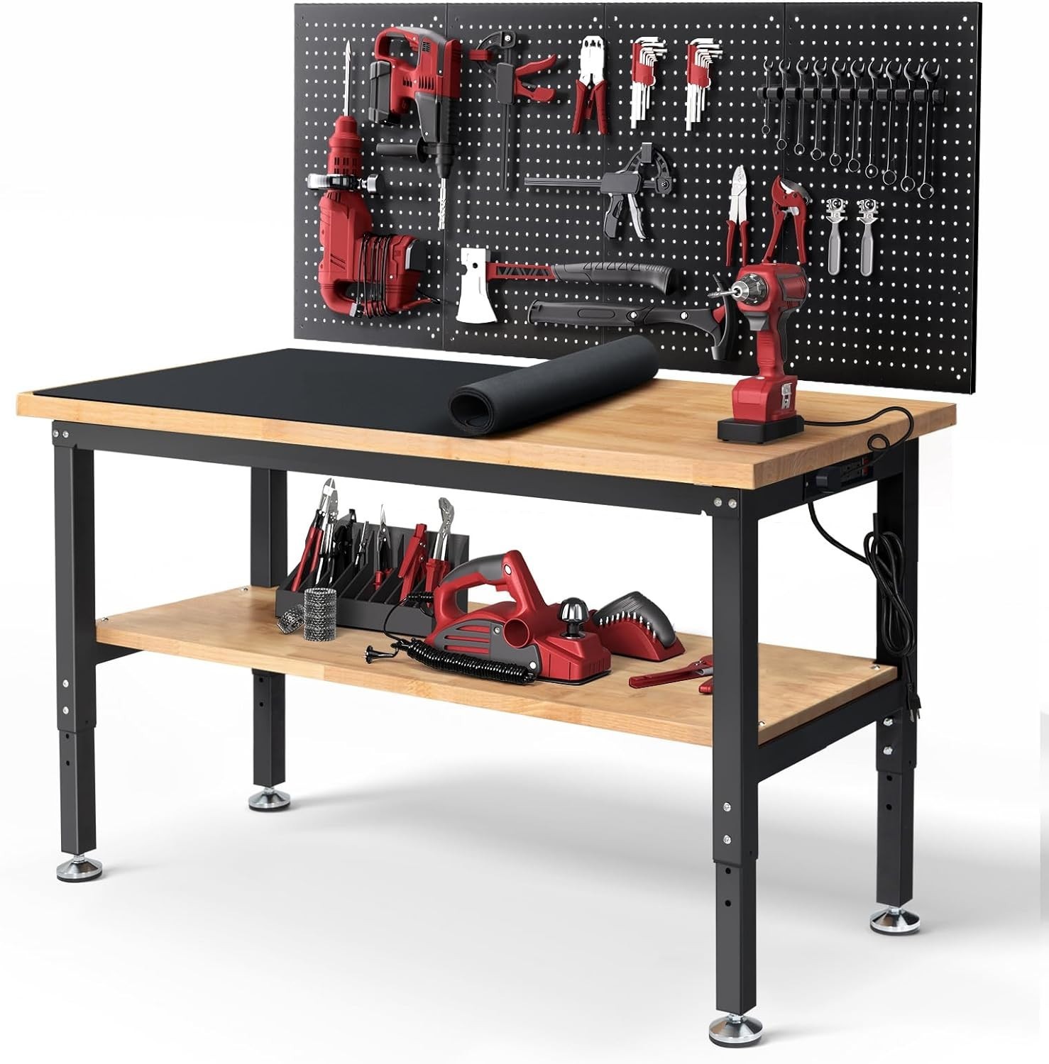 Work Table for Garage 60 Inch Workbench with Storage Adjustable Height Rubber Wo