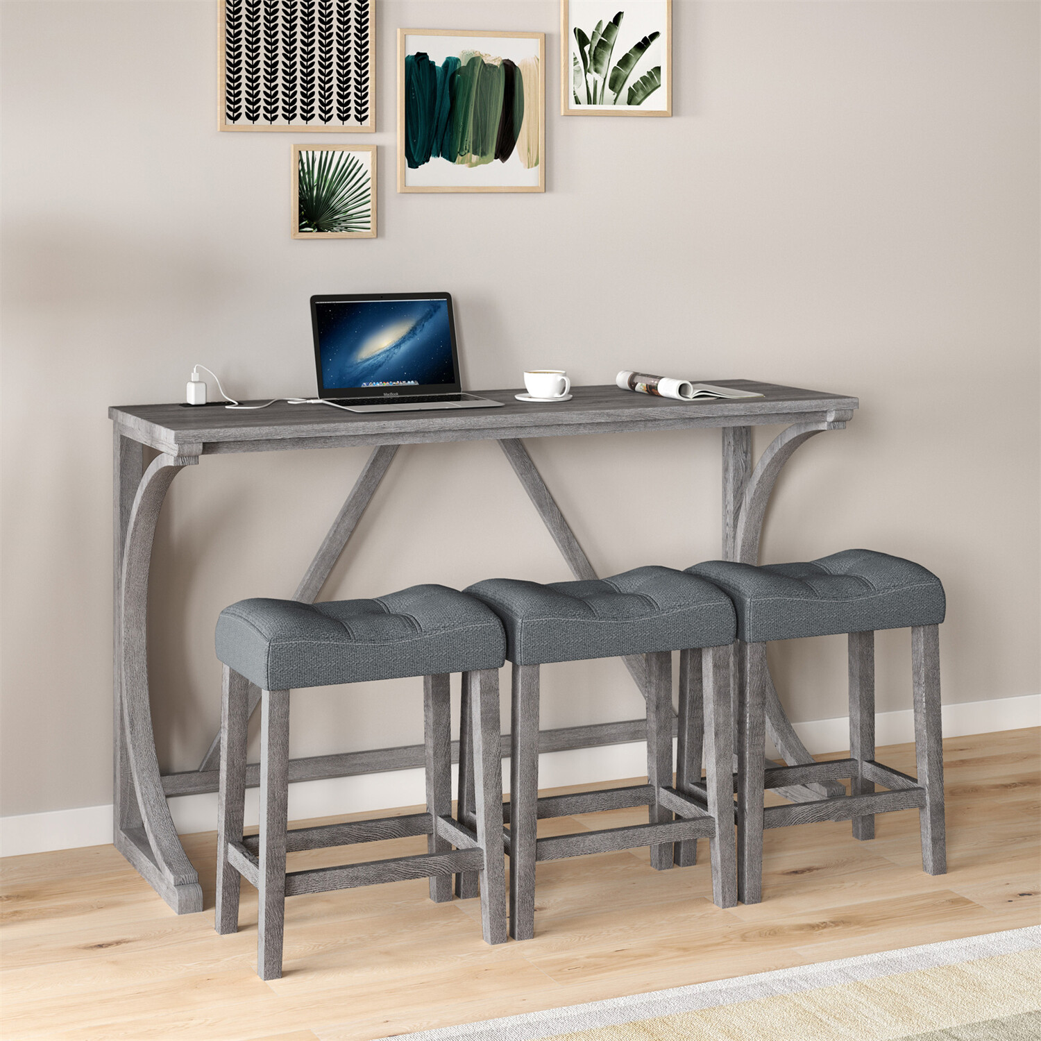 4 Piece Bar Table Set Counter Height Kitchen Dining Table with 3 Bar Stools US
