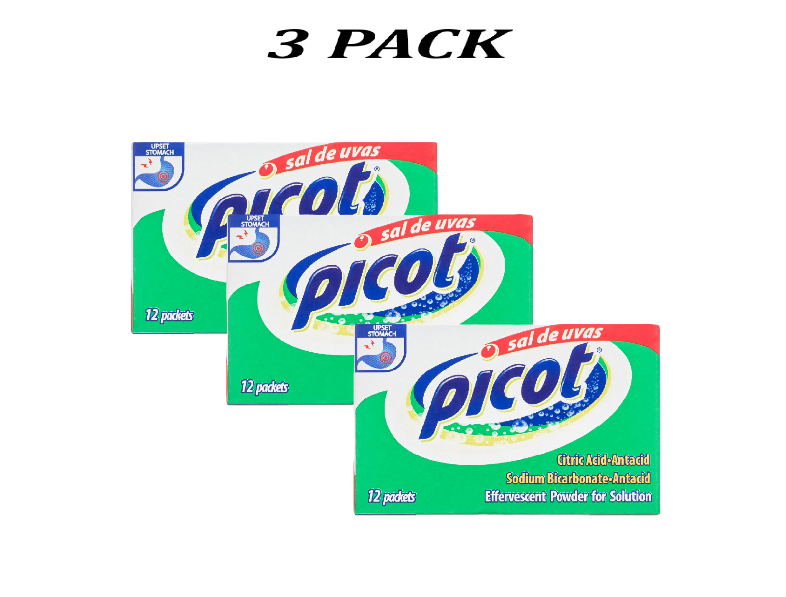 (3 Pack) Sal De Uvas Picot Effervescent Antacid Powder, Heartburn Relief, 12 Ct.