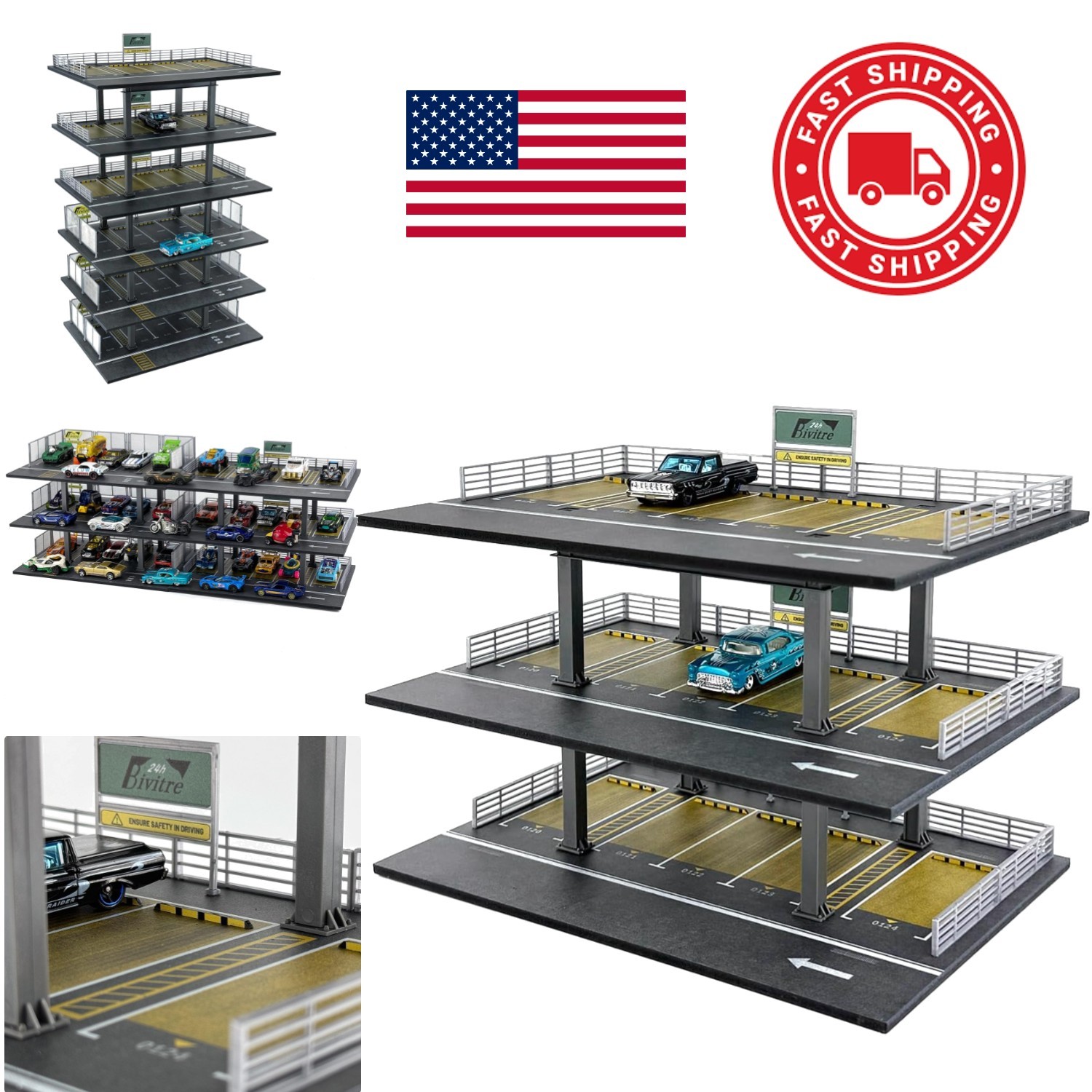Space Saving 1/64 Scale Car Display Case with Horizontal Railing and Stoppers