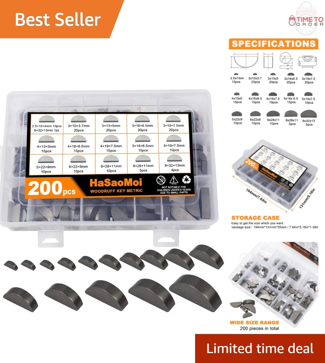 200pcs Metal Woodruff Key Assortment Kit Industrial Machinery Automotive