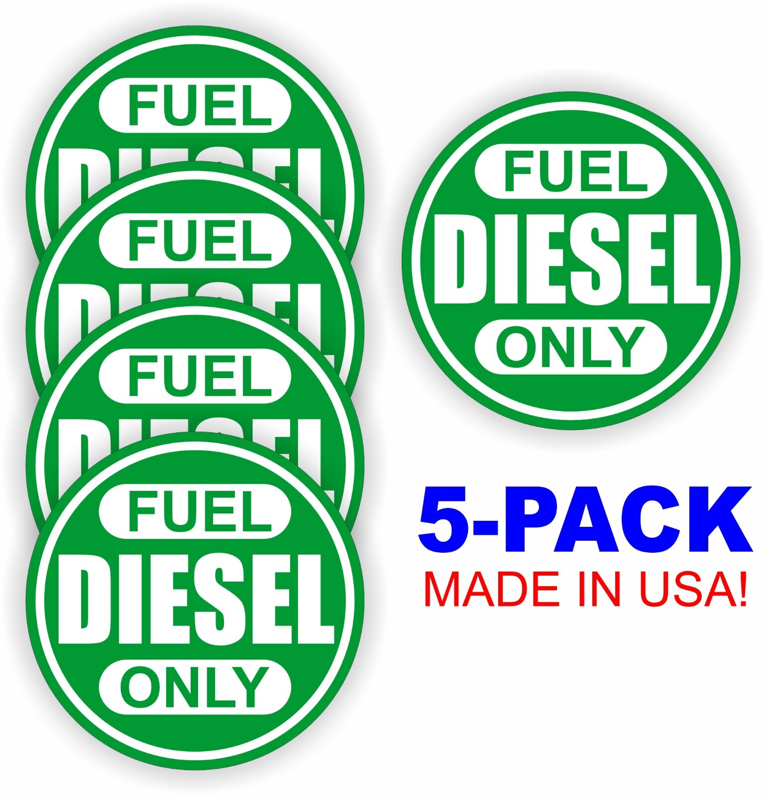 5 pack 2-inch round DIESEL ONLY Weatherproof Vinyl Decals Fuel Tank Def Stickers