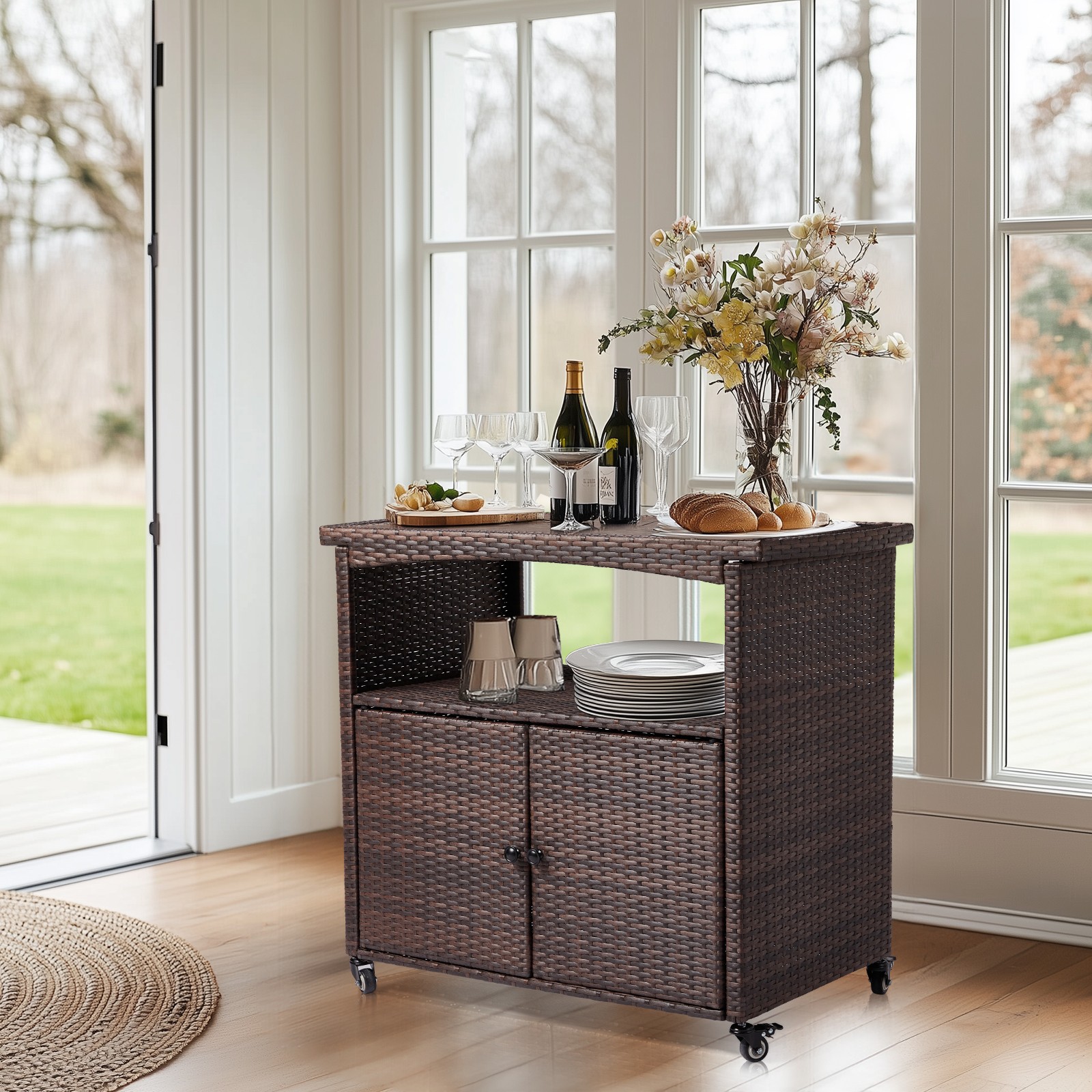 35inch Outdoor Bar Cart Storage Patio Shelf Wicker Brown Garden Food Table