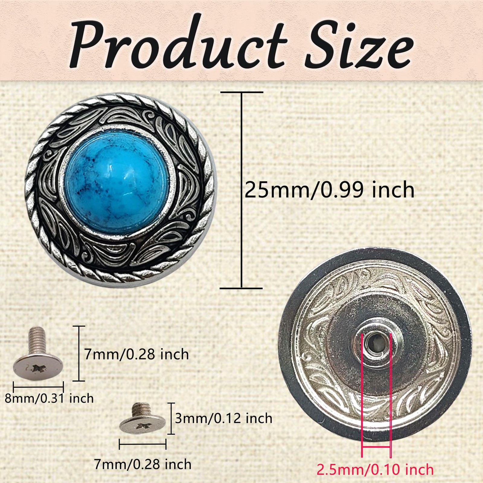 20 PCS Blue Turquoise Conchos Decorative Buckle Round Metal Screw Back