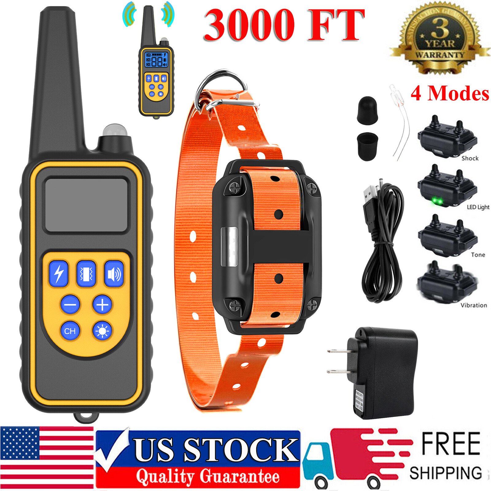 3000FT Rechargeable Remote Dog Shock Training Collar Waterproof Pet Trainer NEW