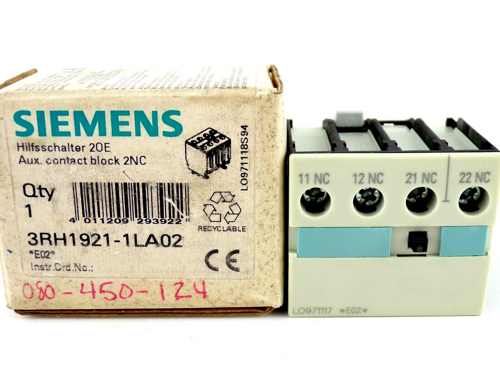 NEW Siemens 3RH1921-1LA02 Auxiliary Front Top Contact Block, 2NC, 3RH19211LA02