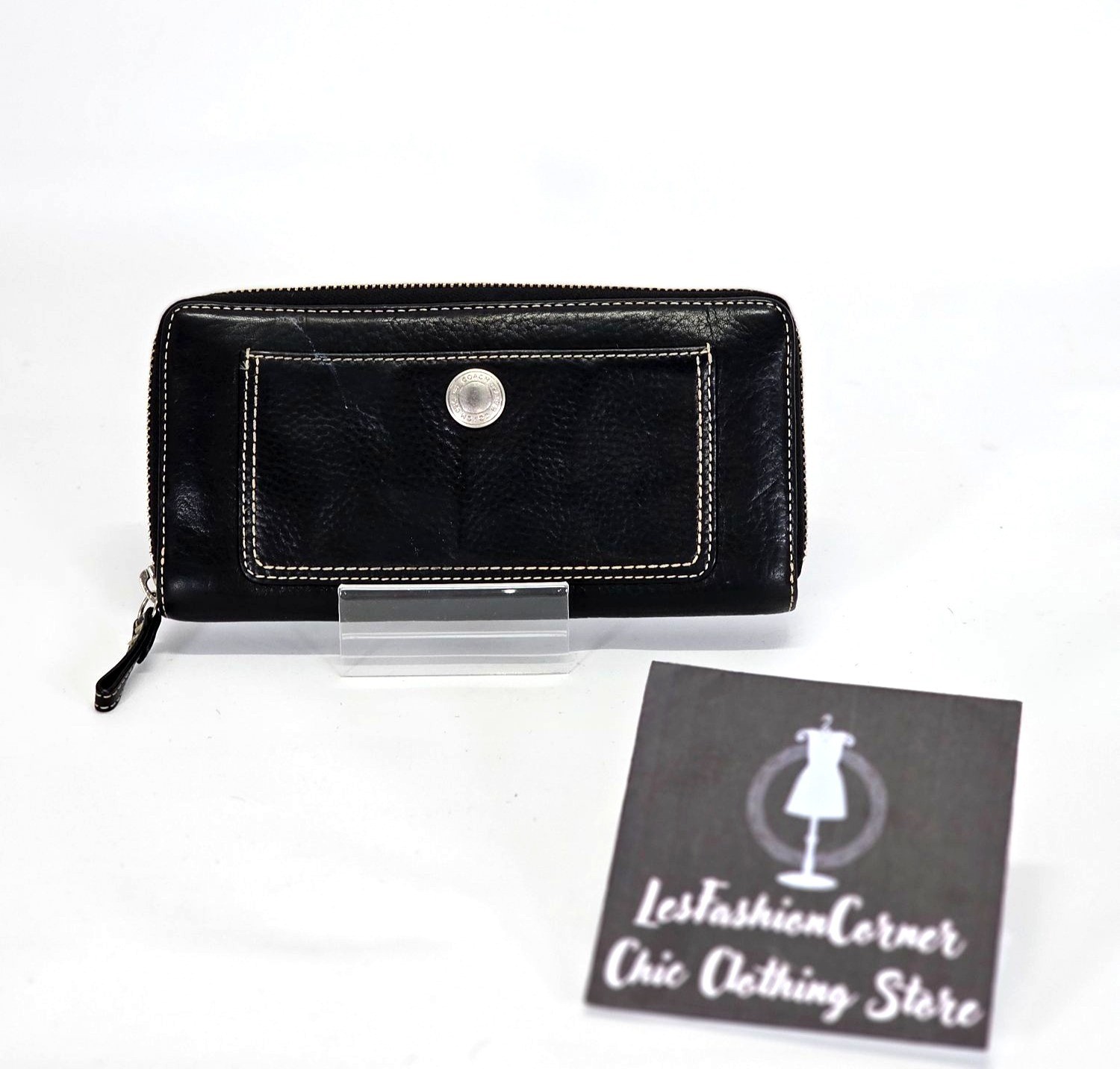 Coach Womens Black Pebble Grain Leather Zip Around Accordion Clutch Wallet  1797