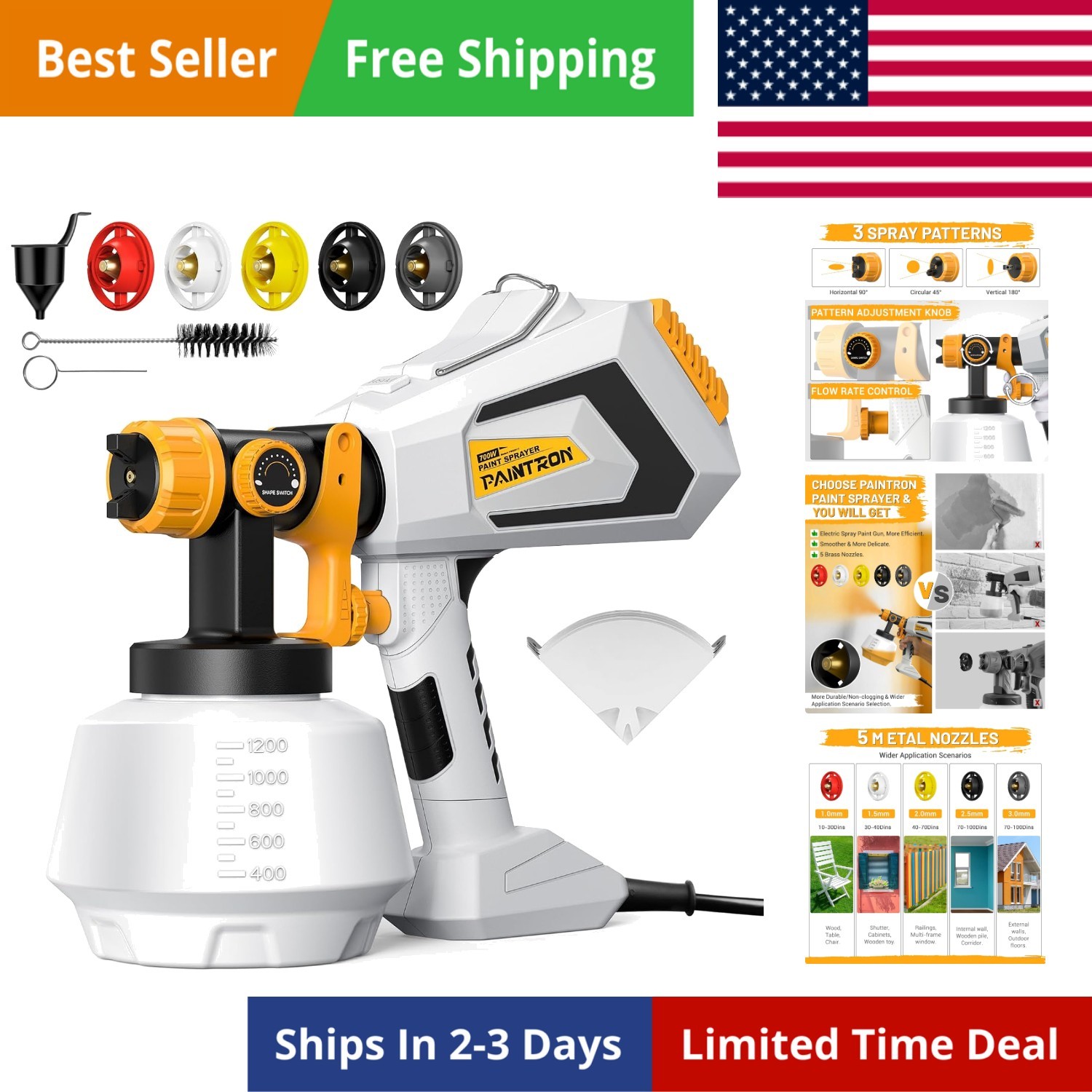Paint Sprayer-700W HVLP Electric-Spray-Paint-Gun, 1200ml High Capacity Contai...