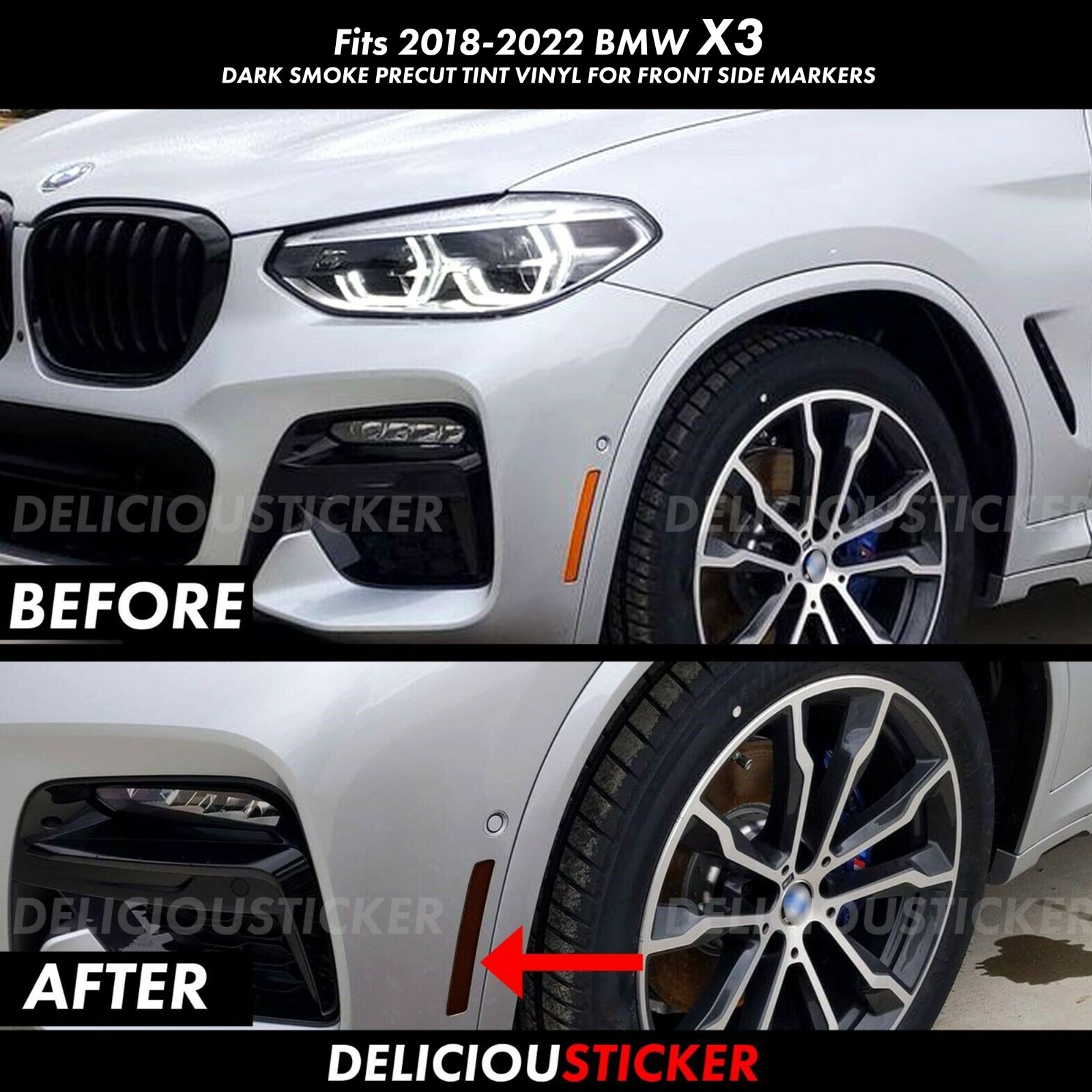 Fits 2018-2022 BMW X3 SMOKE Front Side Markers PreCut Insert Tint Overlay Vinyl