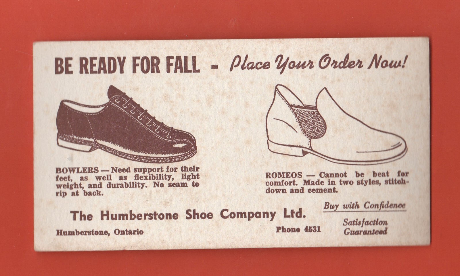 VINTAGE THE HUMBERSTONE SHOE COMPANY LTD. HUMBERSTONE CANADA ADVERTISING BLOTTER