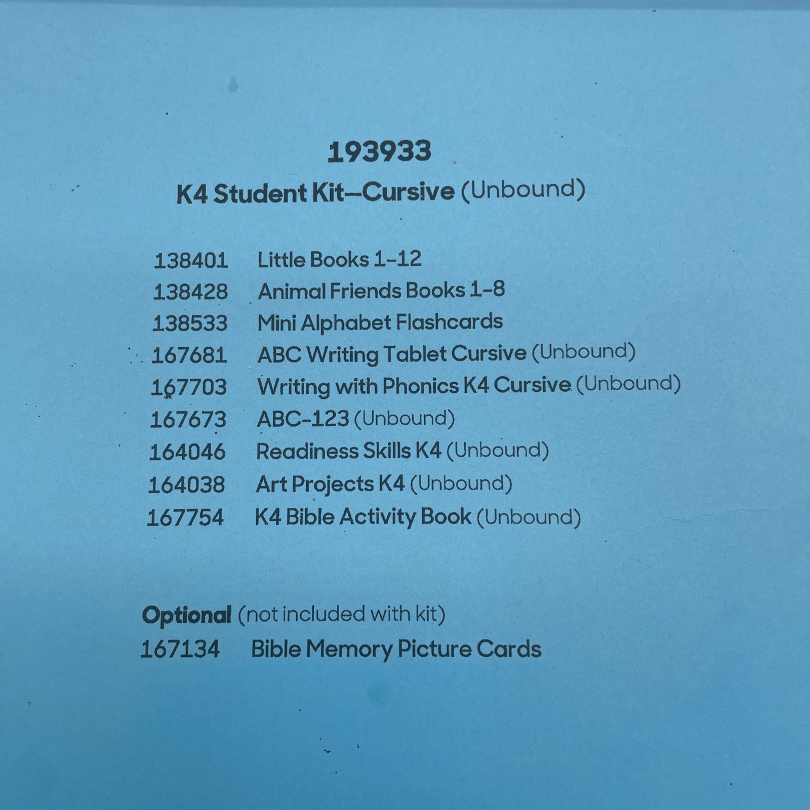 Abeka K4 Student Kit Cursive Unbound - All New Sealed