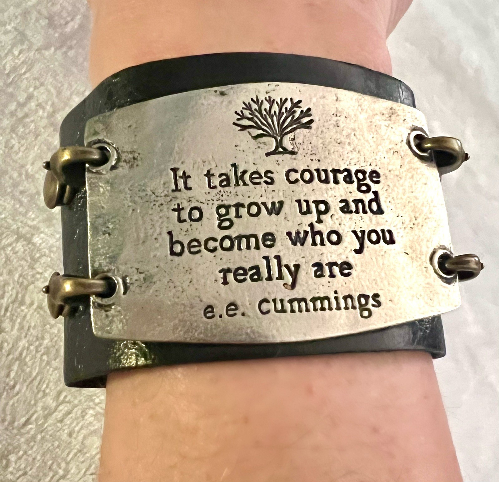 Lenny & Eva Black Leather Cuff Bracelet Courage Growth ee cummings Quote