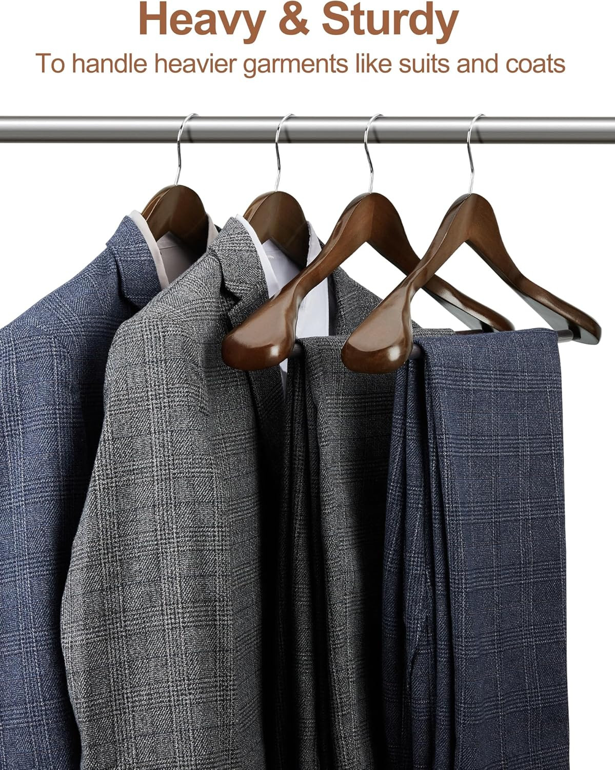 Wide Shoulder Wooden Hangers, Suit Hangers with Non Slip Pants Bar, Smooth Finis