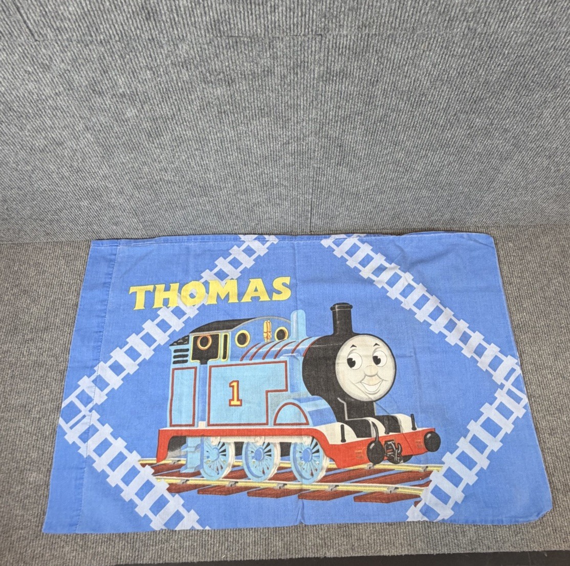 Vtg Thomas The Tank Engine Pillowcase Standard Size Blue Train Tracks Bedding