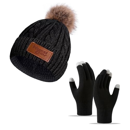 Womens Winter Hats and Gloves Set Gifts, Warm Knit Touchscreen One Size Black