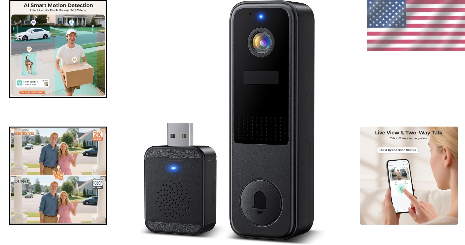 Battery-Powered 2K Doorbell Camera with Night Vision & Real-Time Notifications