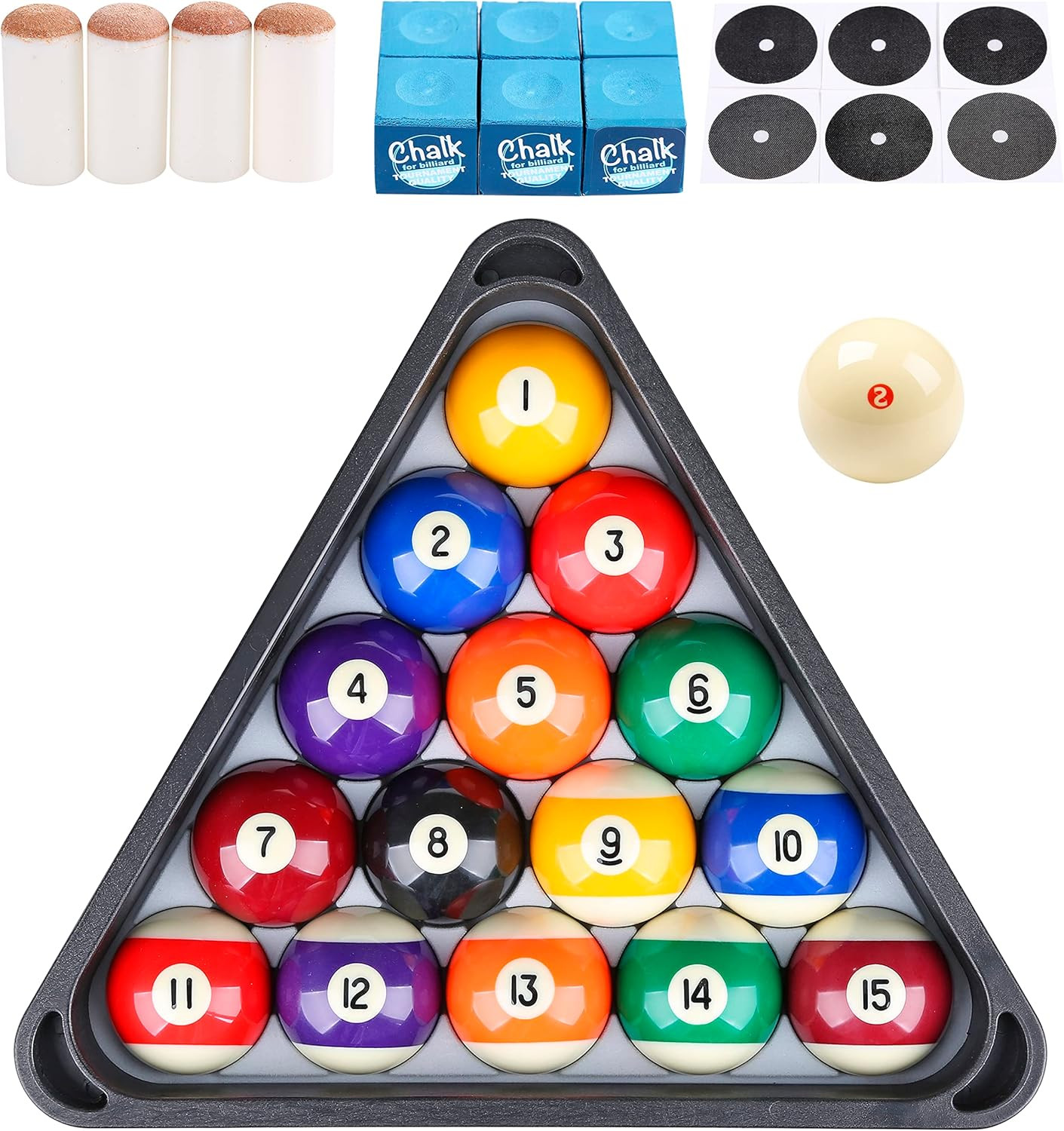 Billiard Pool Balls with Triangle Ball Rack, Cue Chalks, Table Spot Stickers & T
