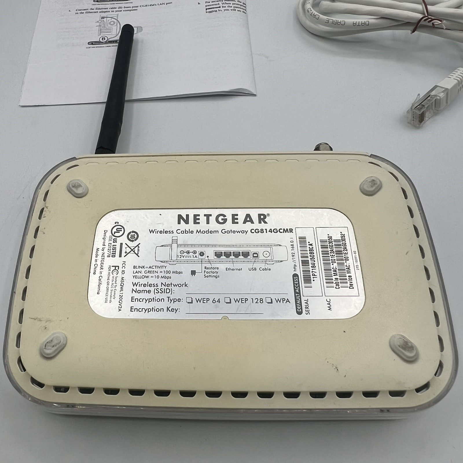 Netgear Wireless Cable Modem Gateway Router CG814GCMR