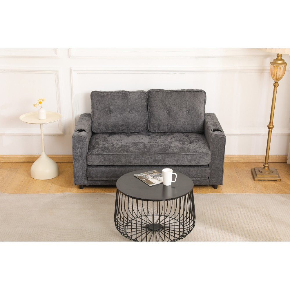 55" 3-Fold Dark Gray Convertible Futon Sleeper Sofa – Velvet Linen Fabric