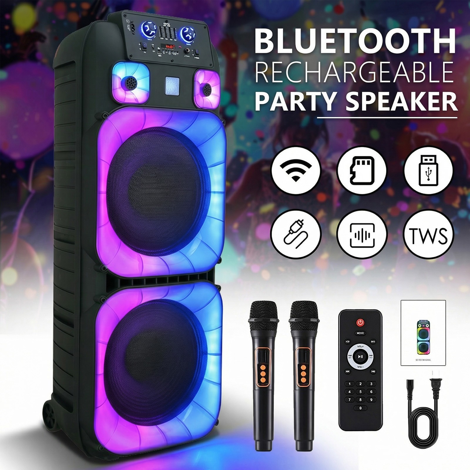 Dual 15" Bluetooth Speaker Subwoofer Heavy Bass Sound Karaoke System Party Mic