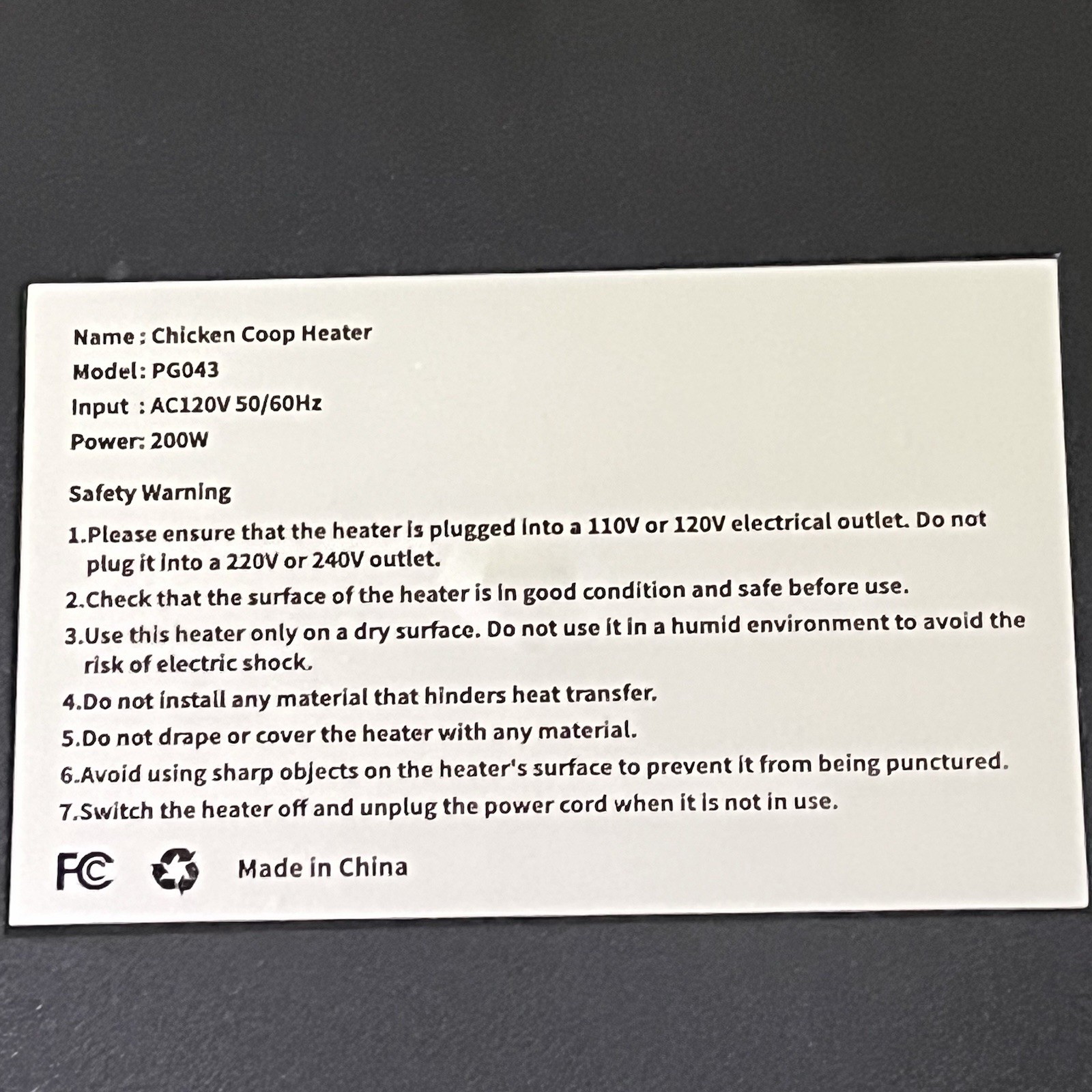 200W Smart Chicken Coop Heater Remote Control | Missing Legs Read Description