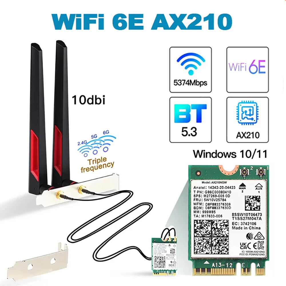 Wi-Fi 6E AX210 WiFi Card 5374Mbps Bluetooth 5.3 Adapter AX210NGW 802.11ax 2.4G/5