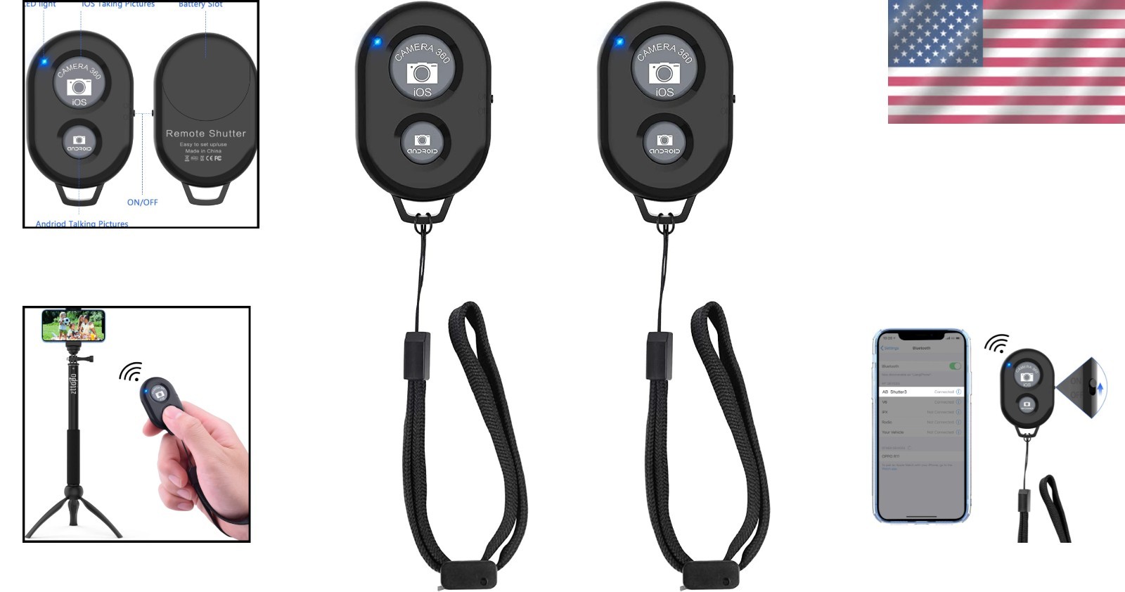 Compact Bluetooth Camera Remote Shutter for Android/iPhone - Rechargeable 2 Pack