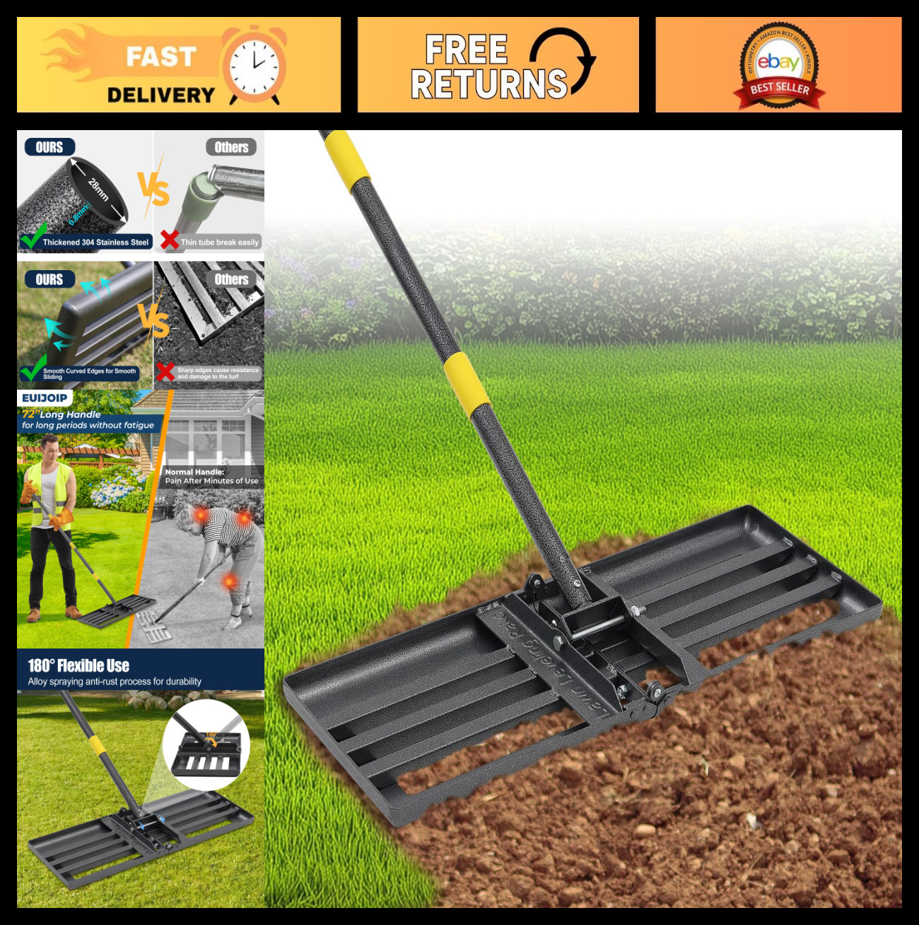Heavy Duty Lawn Leveling Rake 30"x10" - Adjustable 72" Handle, Foldable Soil Gra