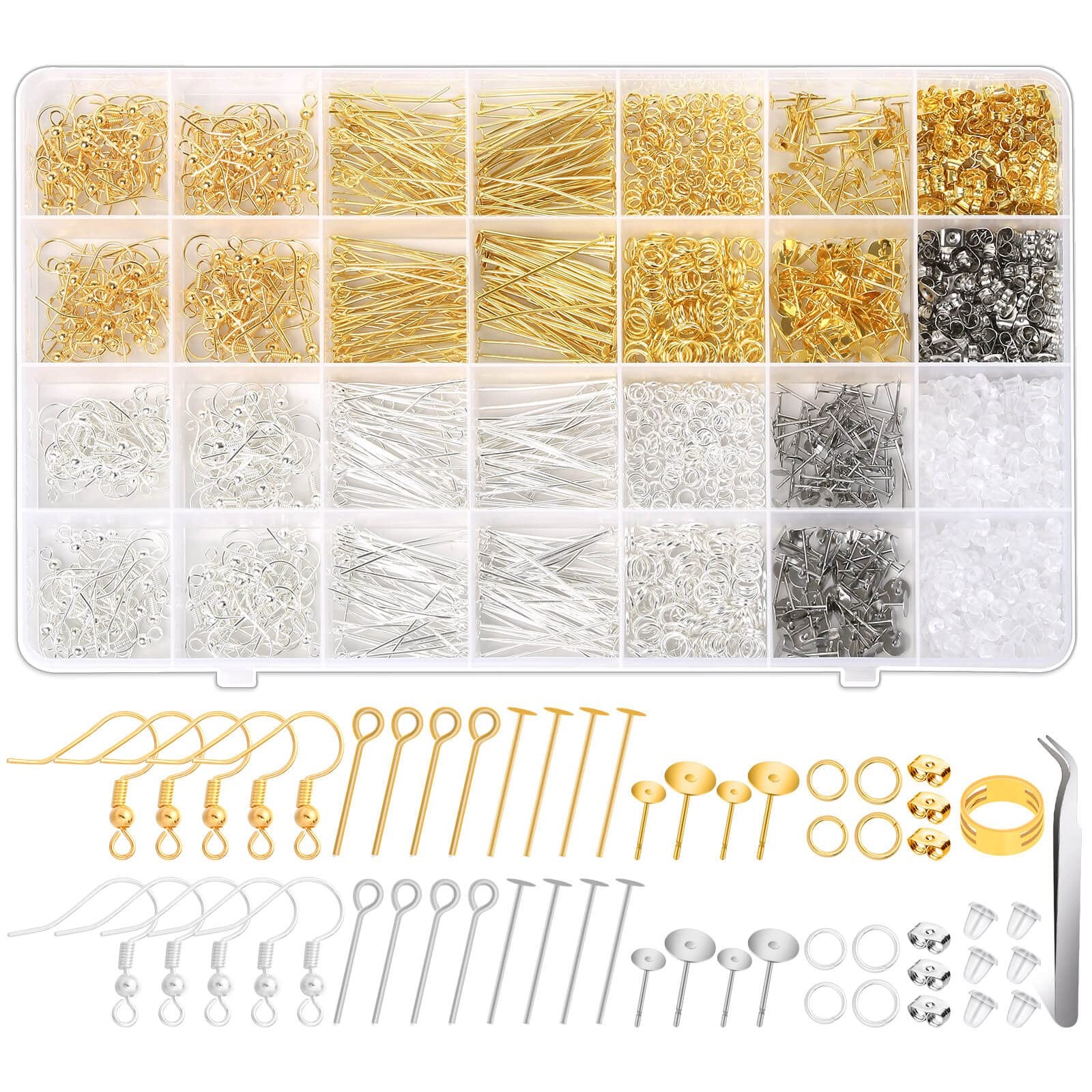 Modacraft 2000Pcs Earring Making Supplies 28 Grids-2000Pcs, Clear,Gold,Silver