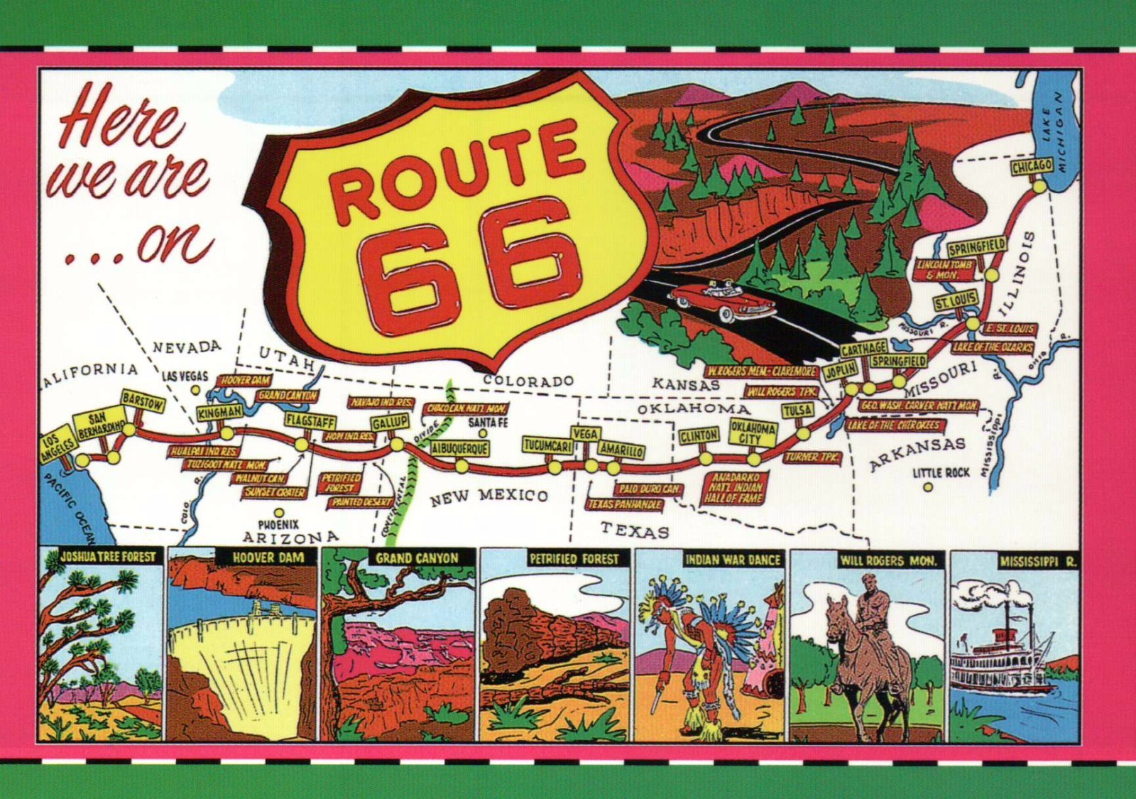 Here You Are On Route 66, Road Highway, Chicago to Los Angeles --- Map Postcard