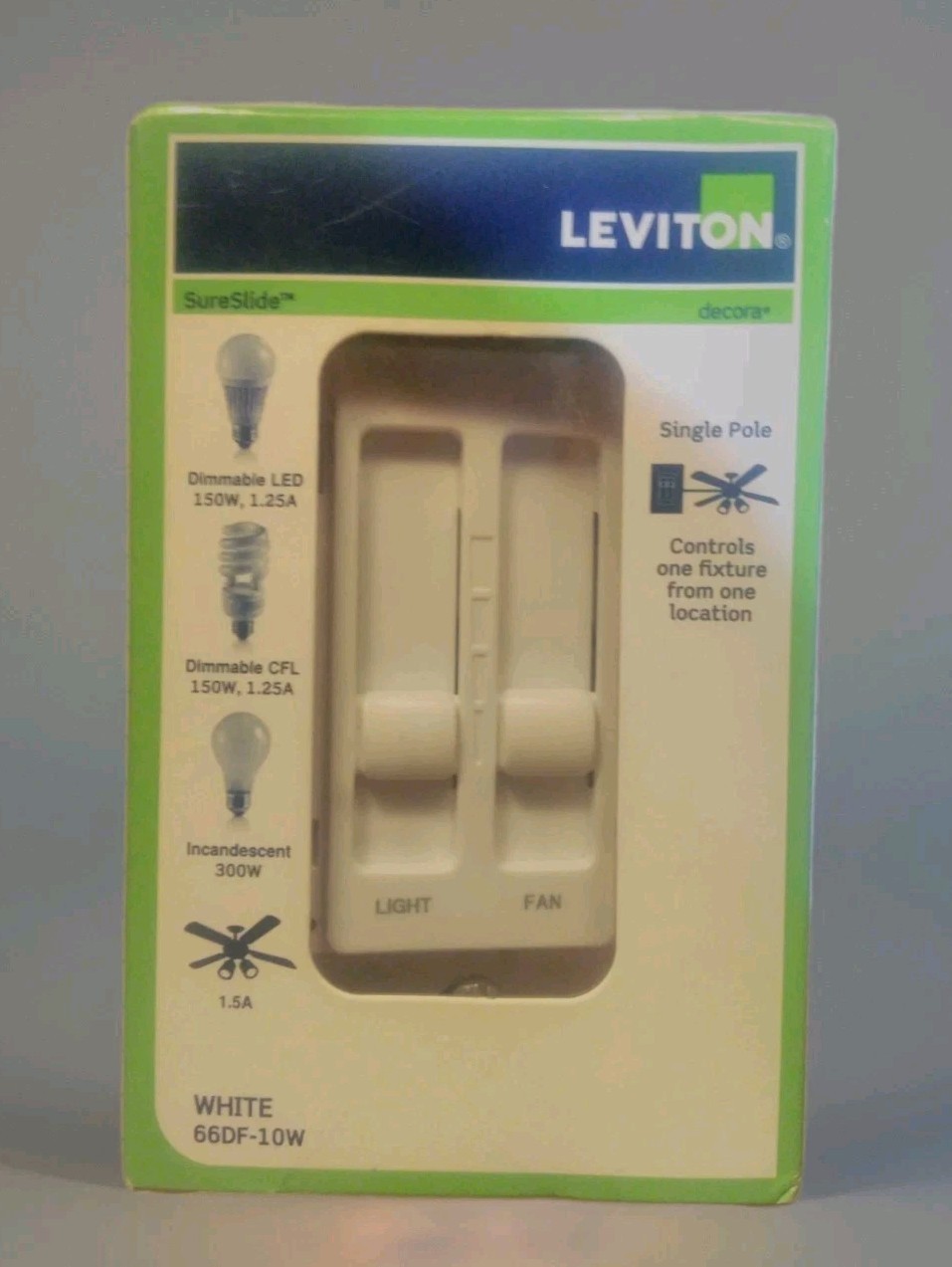 Leviton 66DF-10W Decora SureSlide Fan/LED Dimmer Switch (White)