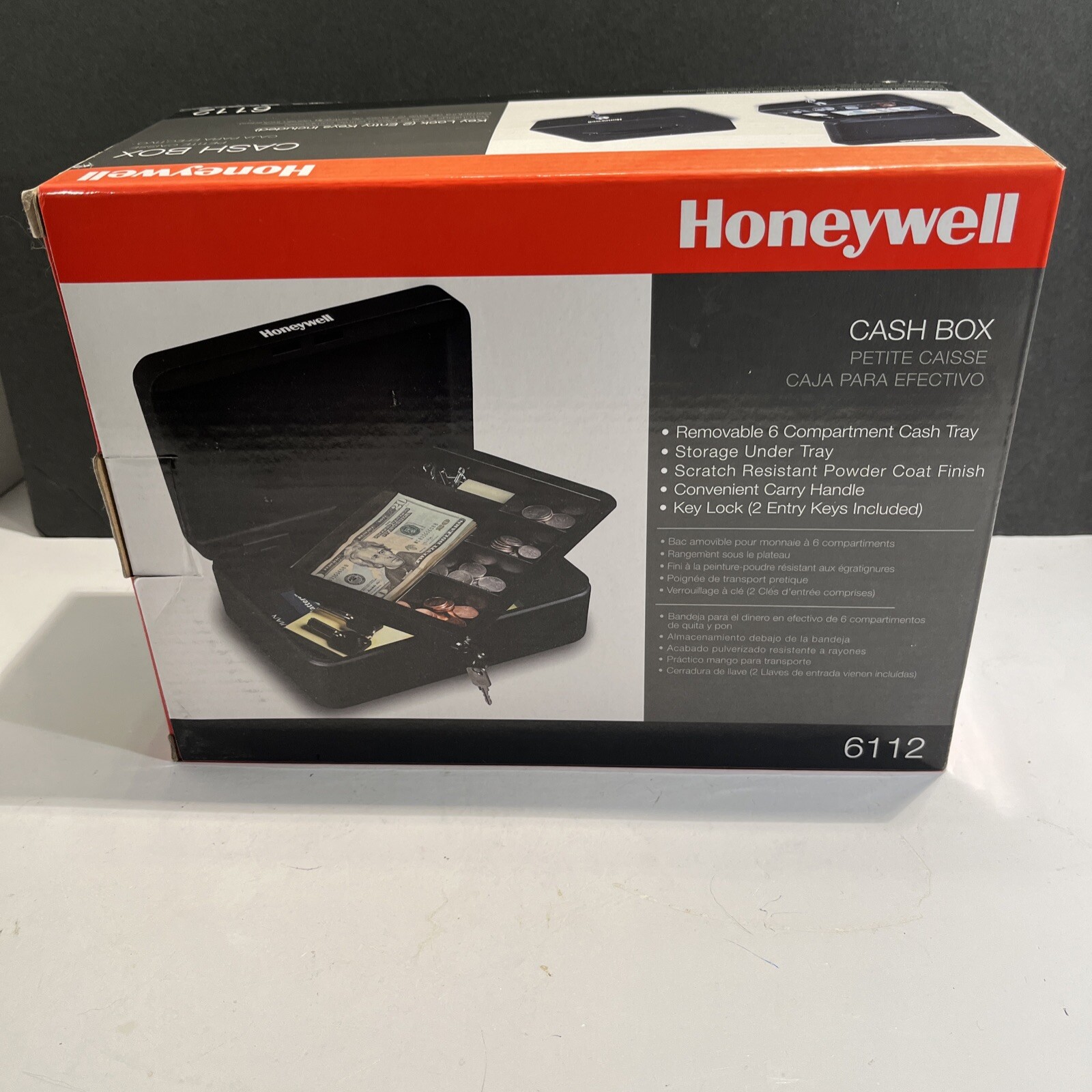NEW IN BOX Honeywell CASH BOX 6112 Six Compartment Tray / Two Key Lock