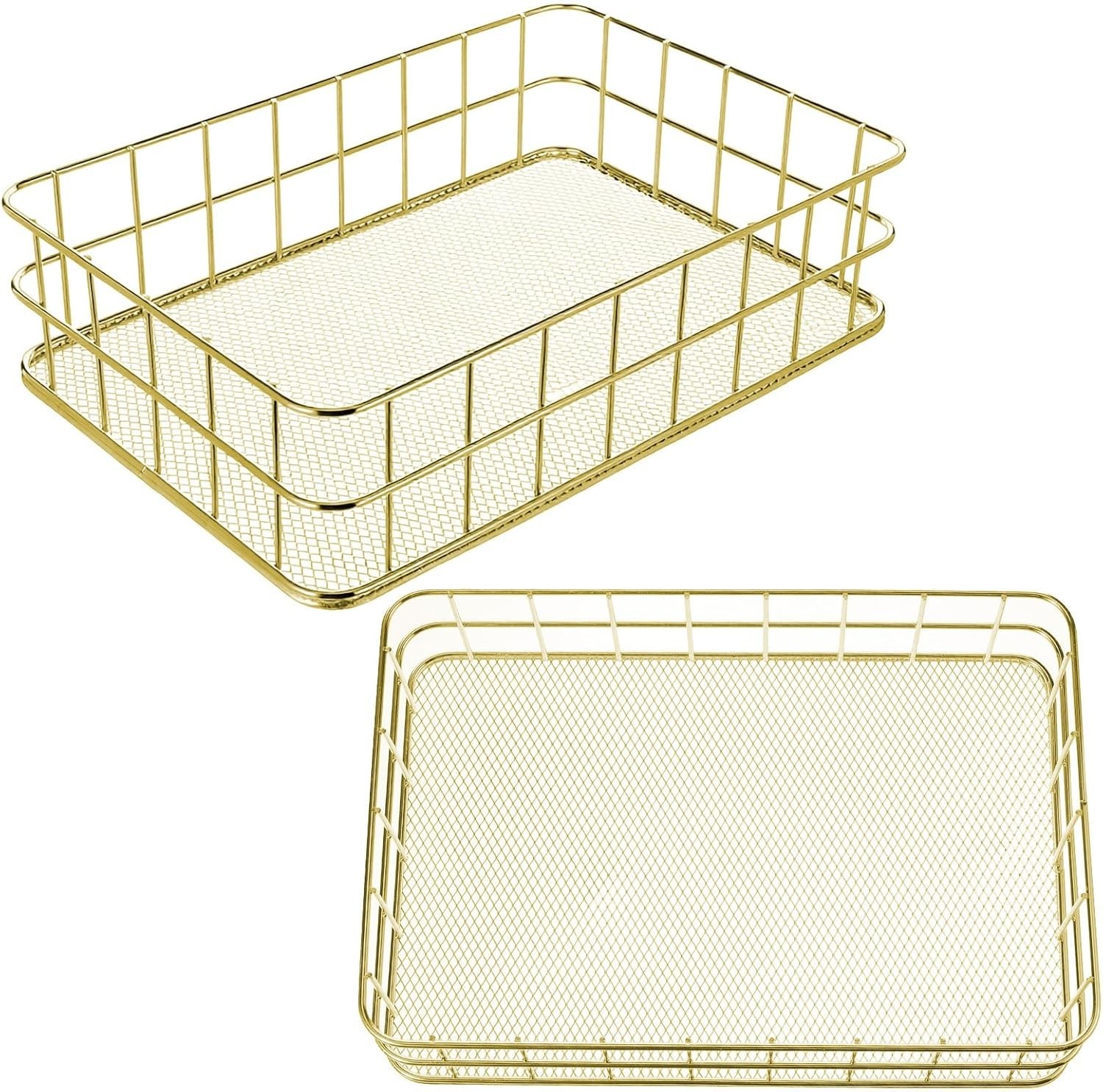 2 Pack Gold Metal Storage Baskets Organizer Wire Mesh Desktop Decor Trays Home