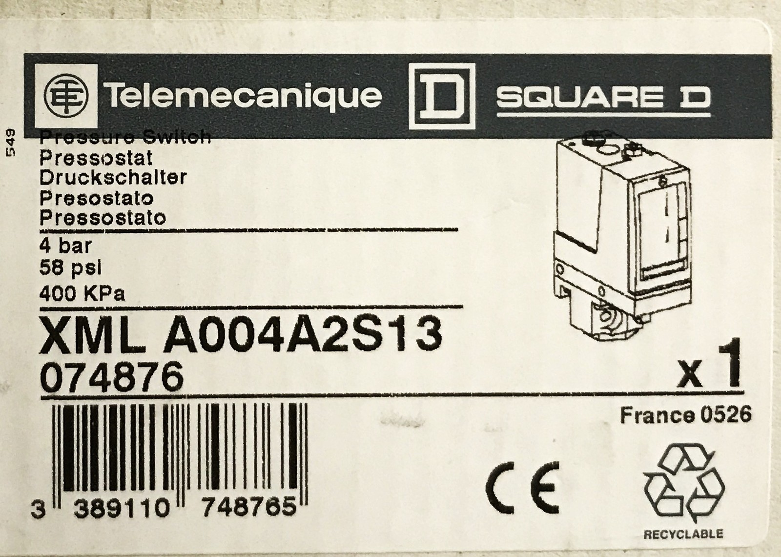 Telemecanique Pressure Switch XML-A004A2S13 NOS
