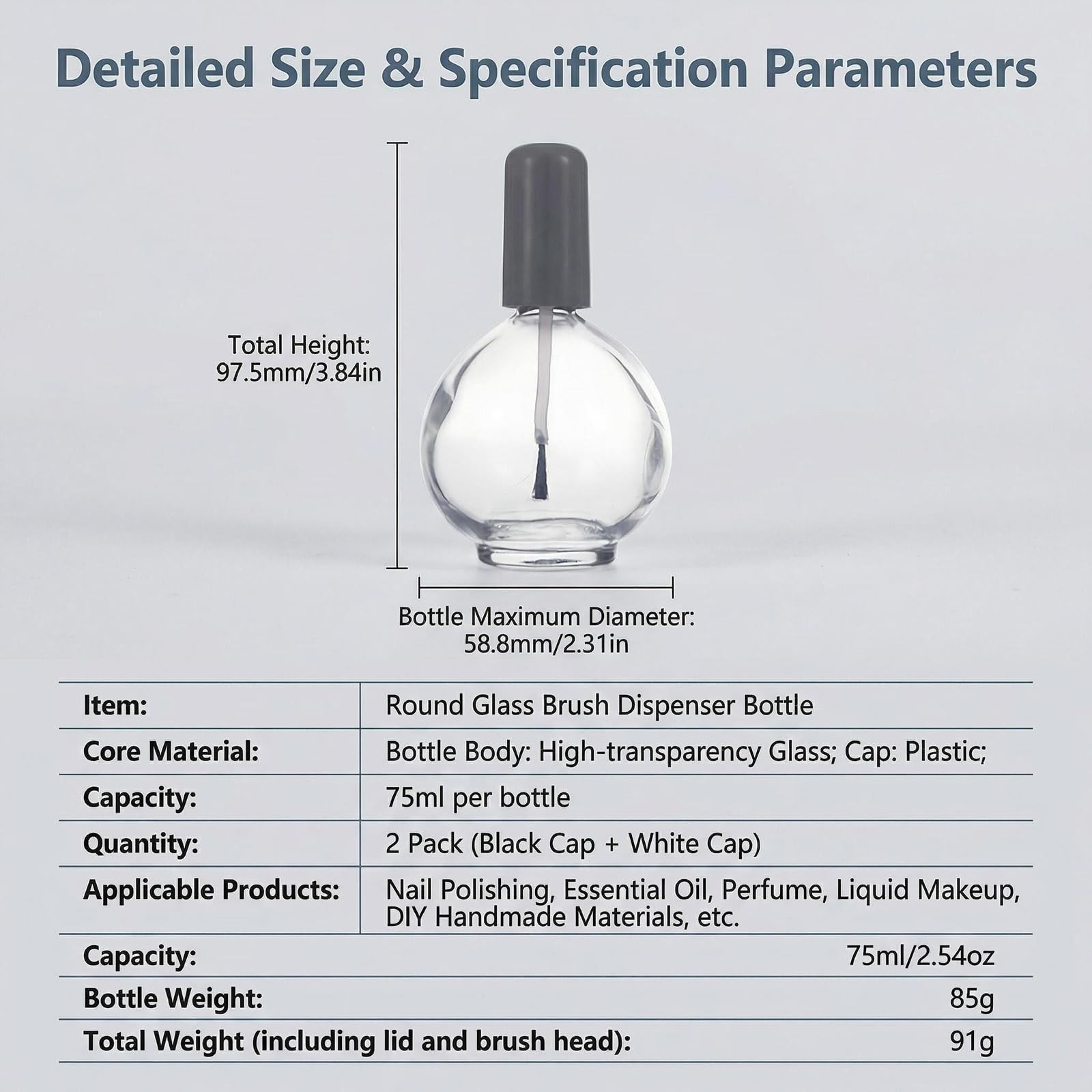 2Pcs 75ml/2.5oz Empty Nail Polish Bottles with Brush Spherical Clear Refillab...