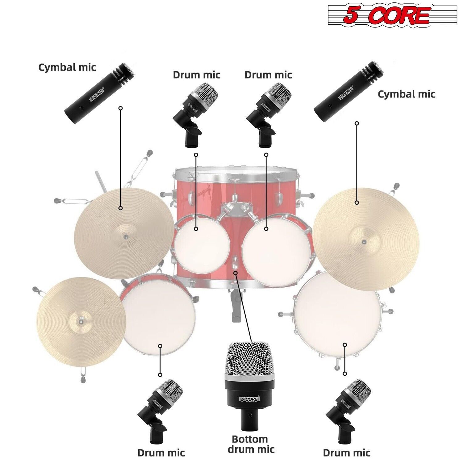 5Core Drum Mic Kit 7Pcs Kick Tom Snare Dynamic Microphone Instrument Mics Set