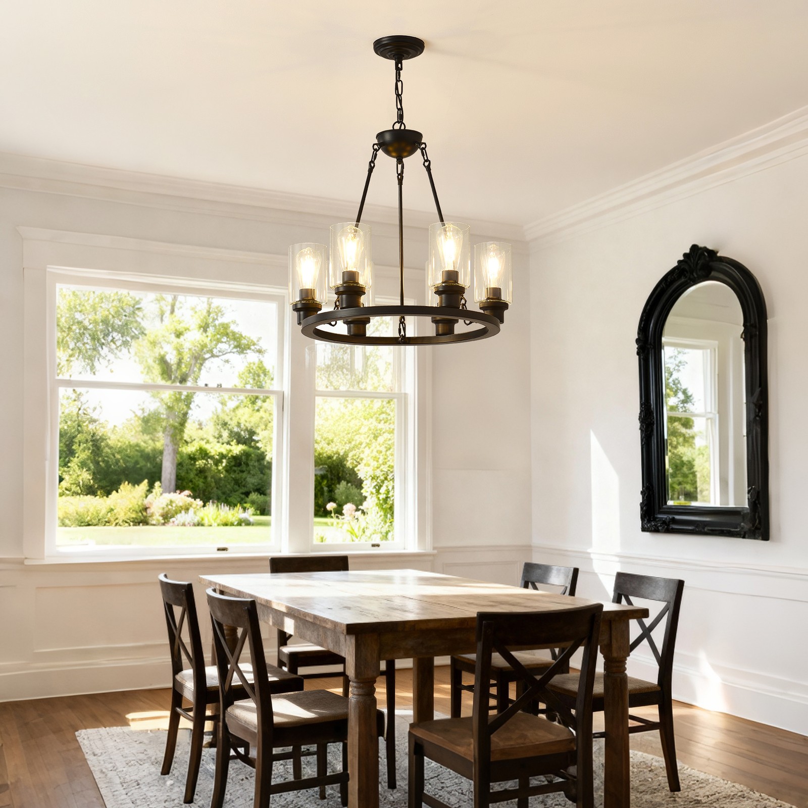 Rustic 6-Light Wagon Wheel Chandelier w/ Seeded Glass for High Ceilings