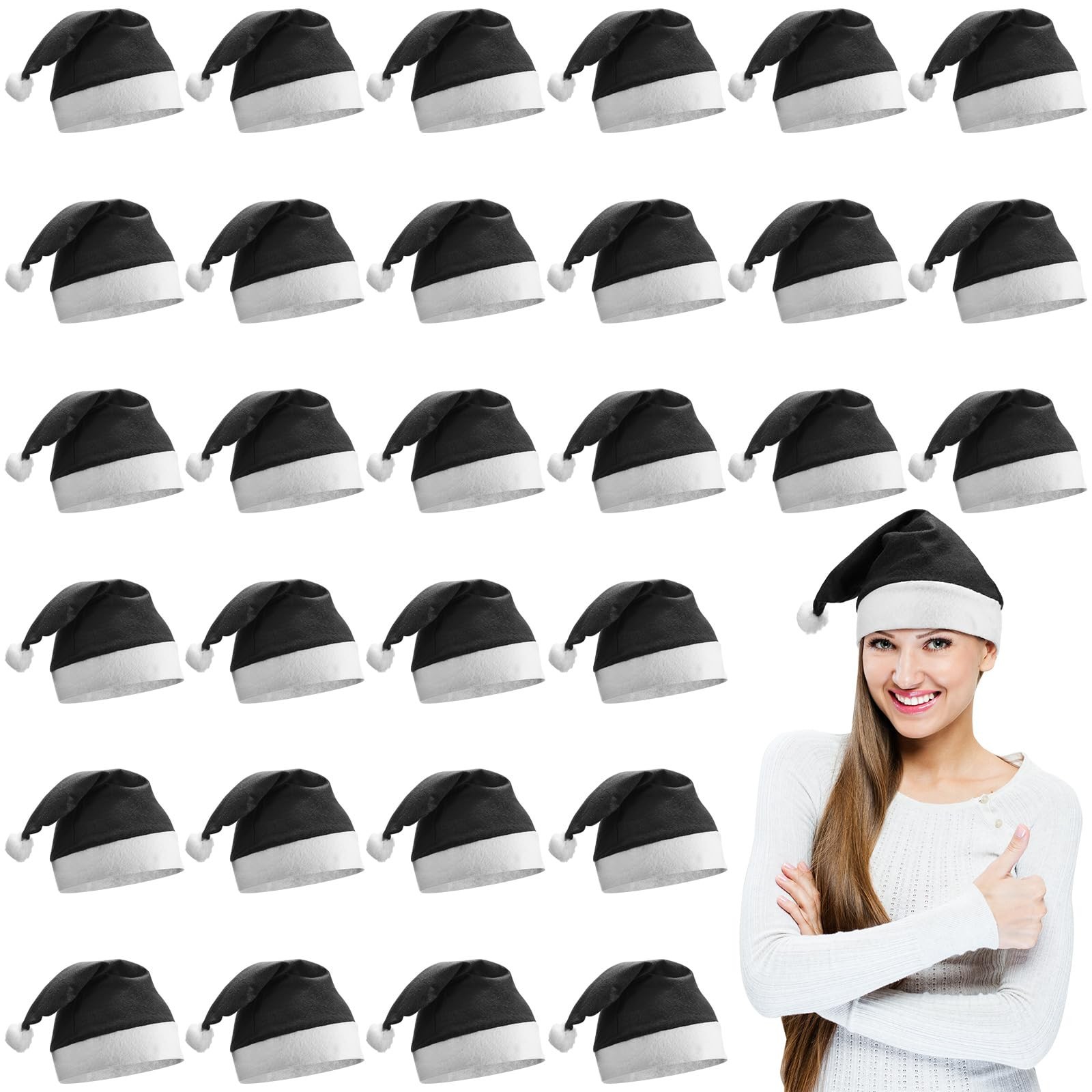 30 Pcs Black Santa Hats Bulk Christmas Party Hat Non Woven Fabric Xmas Hats f...