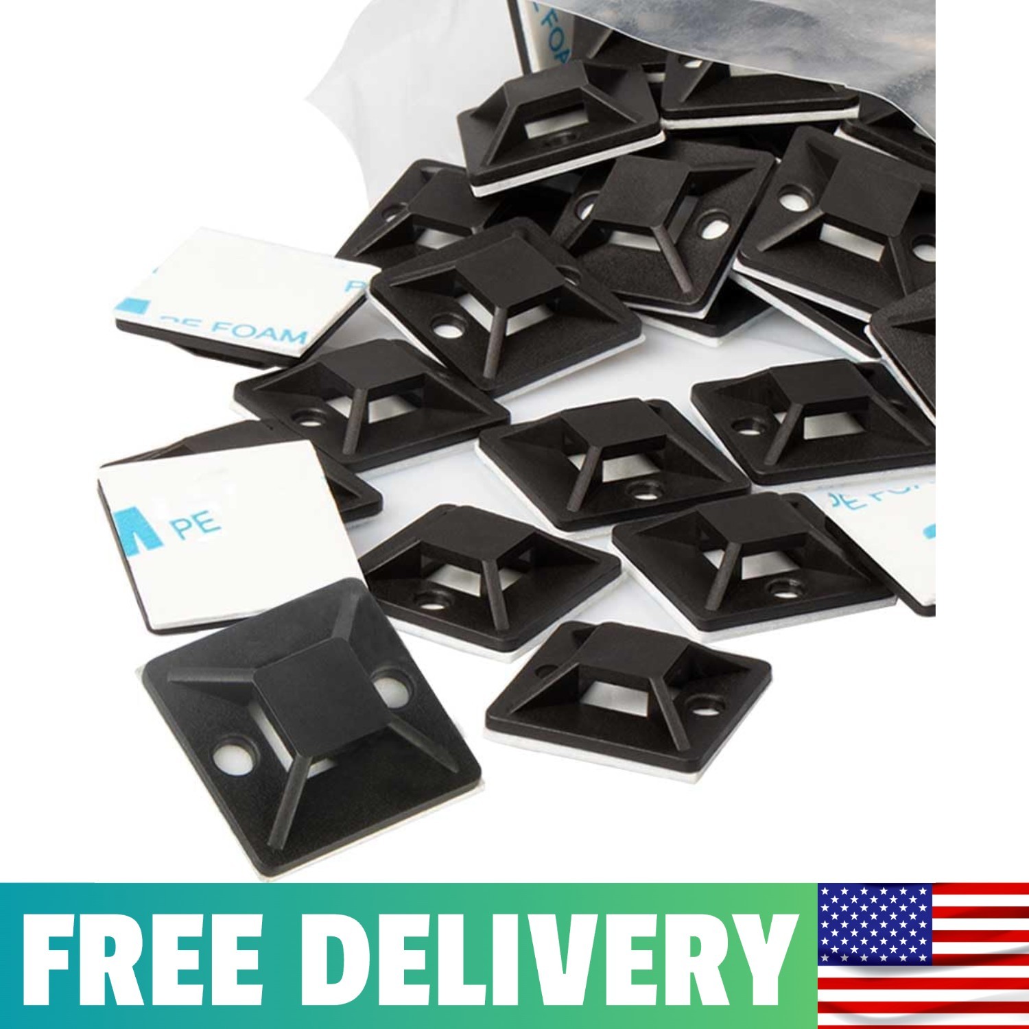 Zip Tie Mounts - Small Cable Tie Adhesive Mount, 3/4in Black 100PCS. Wires Zip T