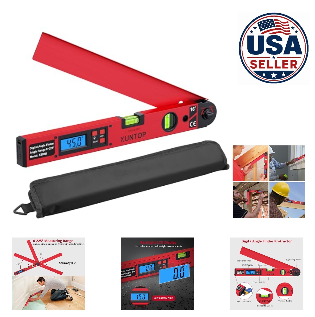 Digital Angle Finder 16 Inch 0 to 225 Degree Aluminum Protractor with LCD