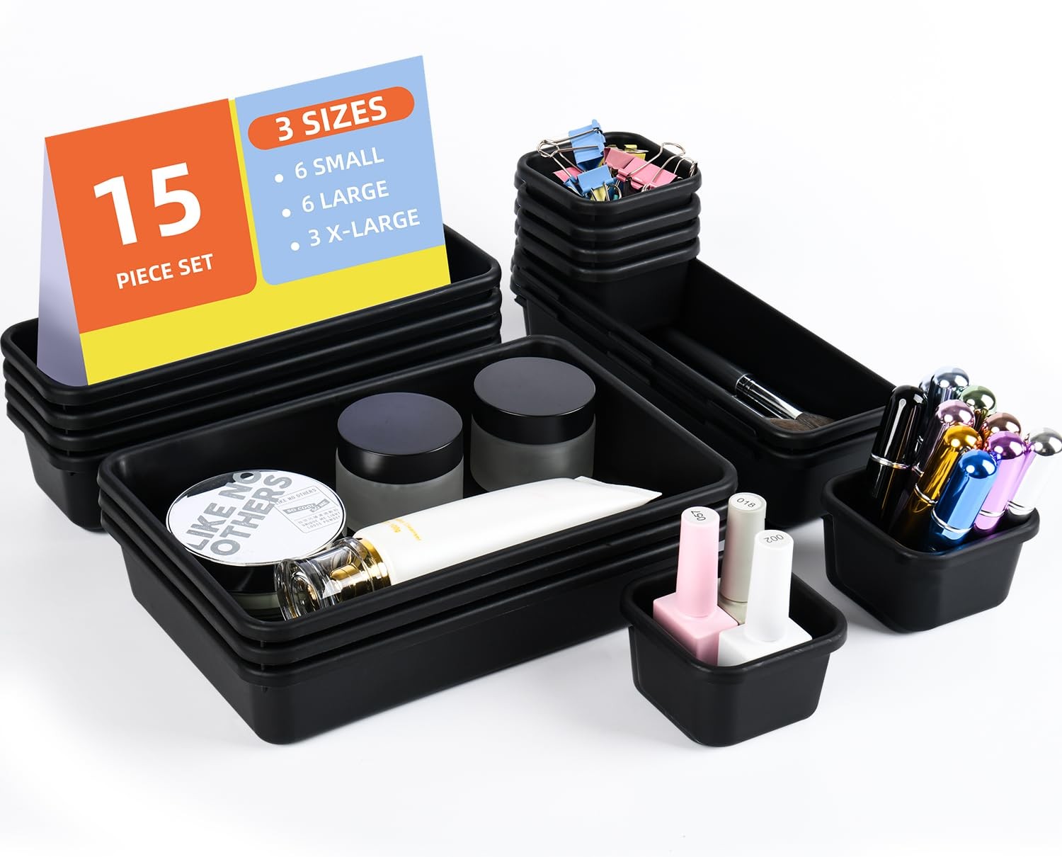 15 Piece Drawer Organizer Set, 3 Size Interlocking Plastic Storage Bins for O...