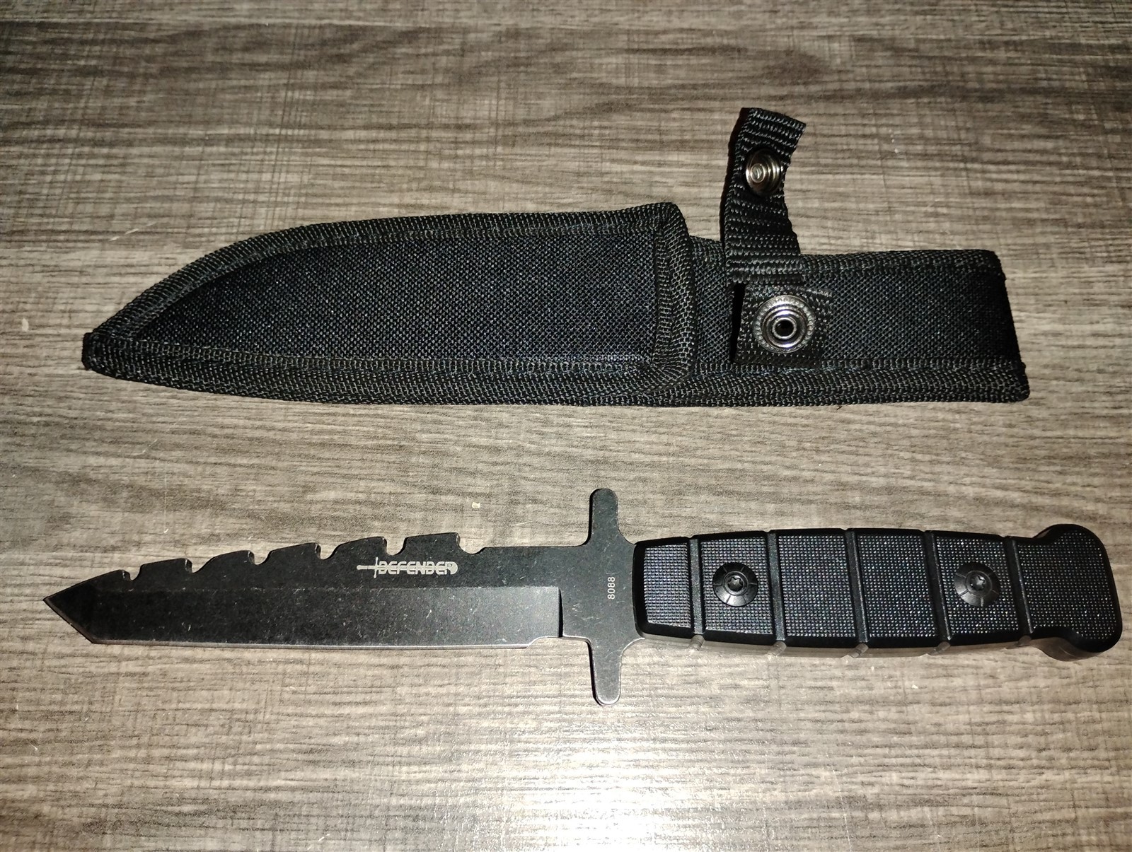 Defender Brand Fixed Blade Belt Knife 9.5" All Black Serrated Full Tang Mod 8088