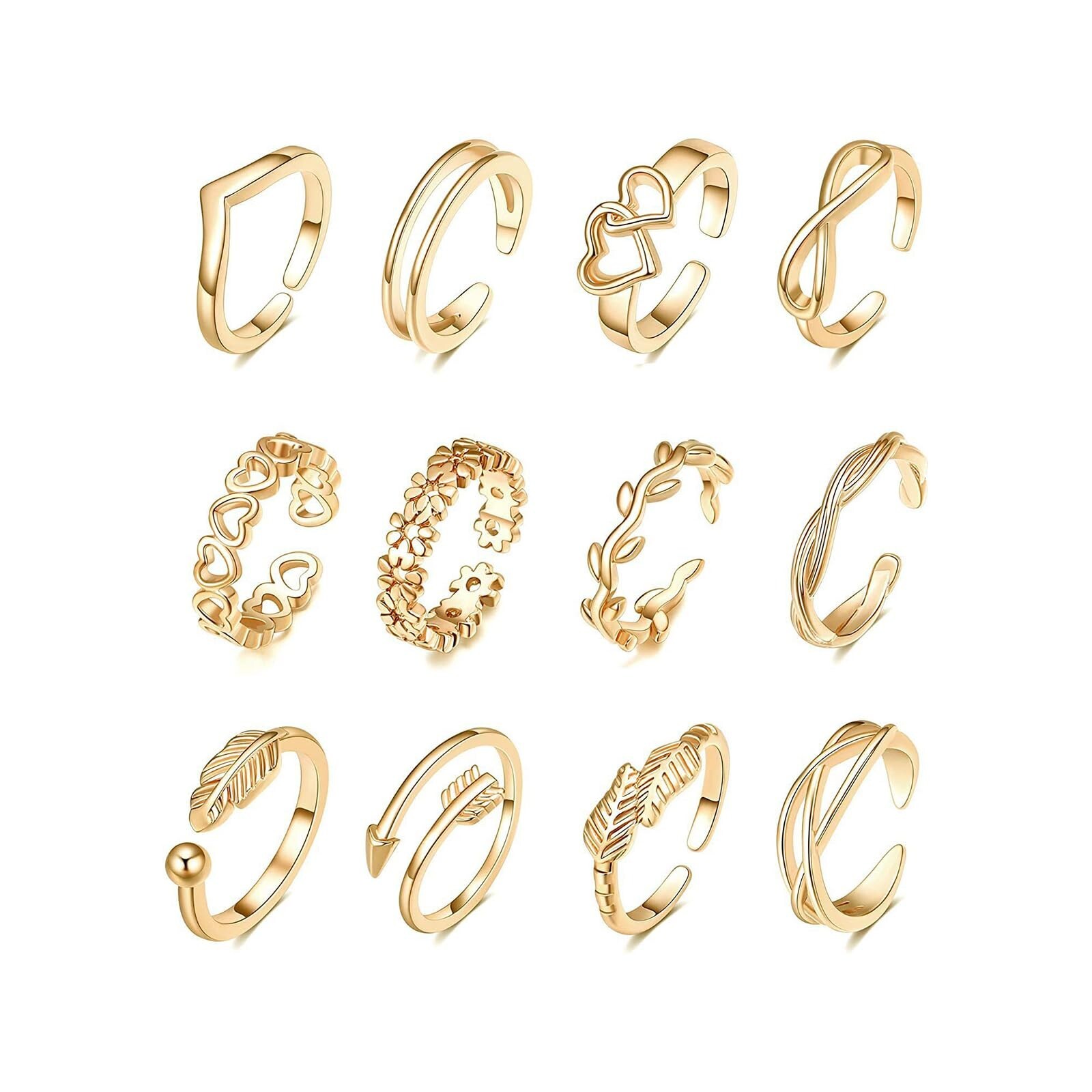 12PCS Toe Rings for Women 14K Gold Plated Toe Rings Adjustable Toe Ring Set O...