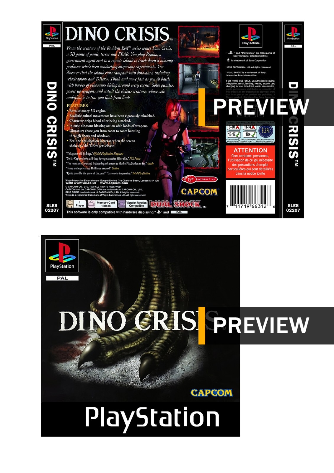 Dino Crisis PlayStation PS1 Reproduction Inlay Covers - No Game / Case