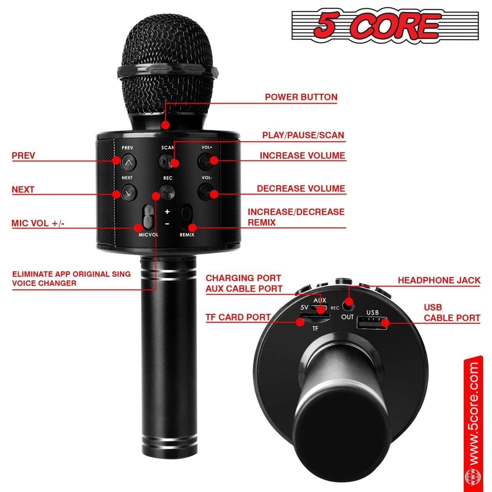 5 Core Microphone Wireless Karaoke Mic w/Speaker Portable Bluetooth Microfono 2x