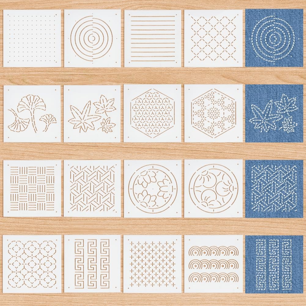 16Pcs Mixed Styles Plastic Sashiko Stencil, 5x5inch Dots & Lines, Grid, Hexag...